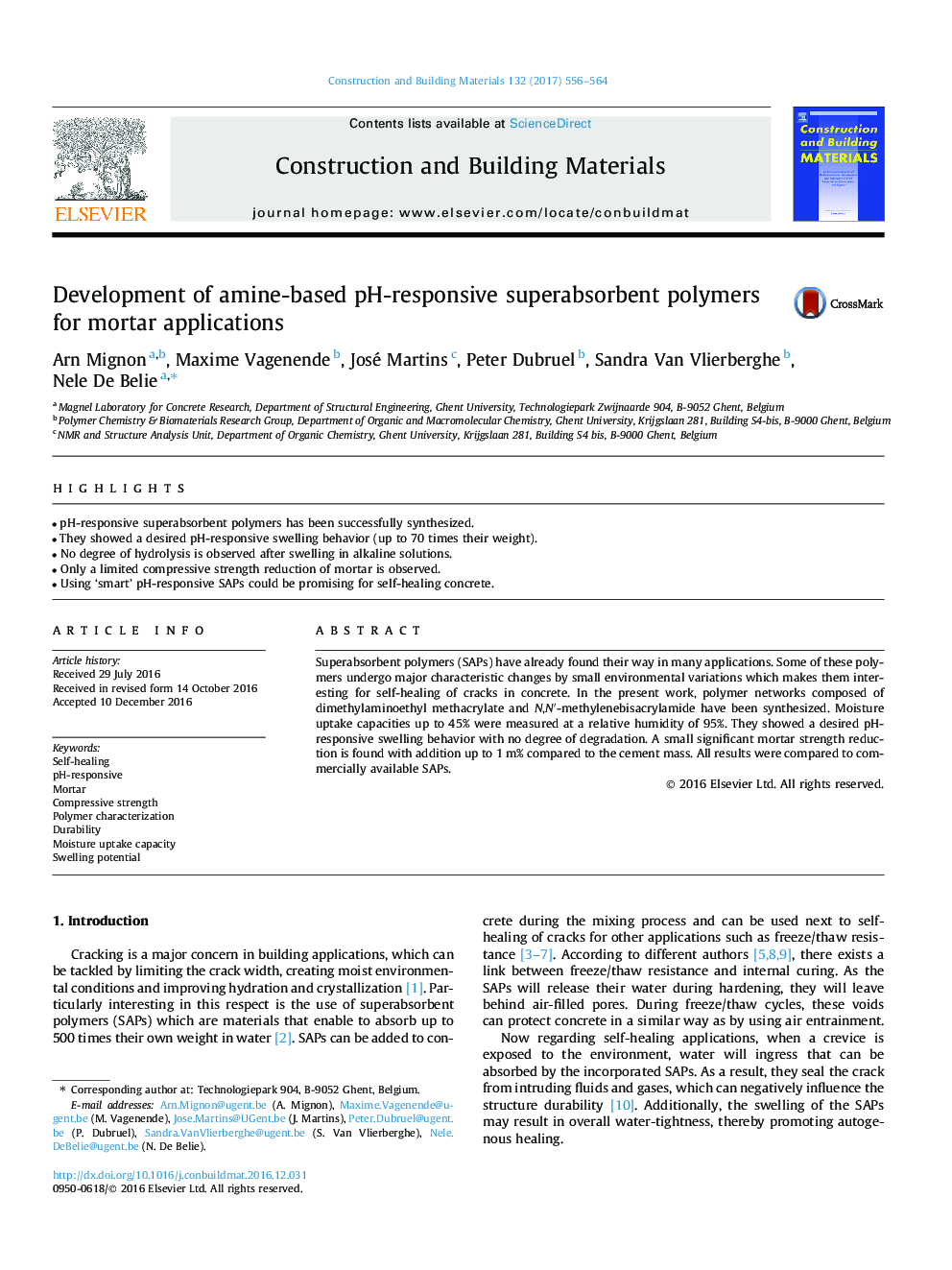 Development of amine-based pH-responsive superabsorbent polymers for mortar applications