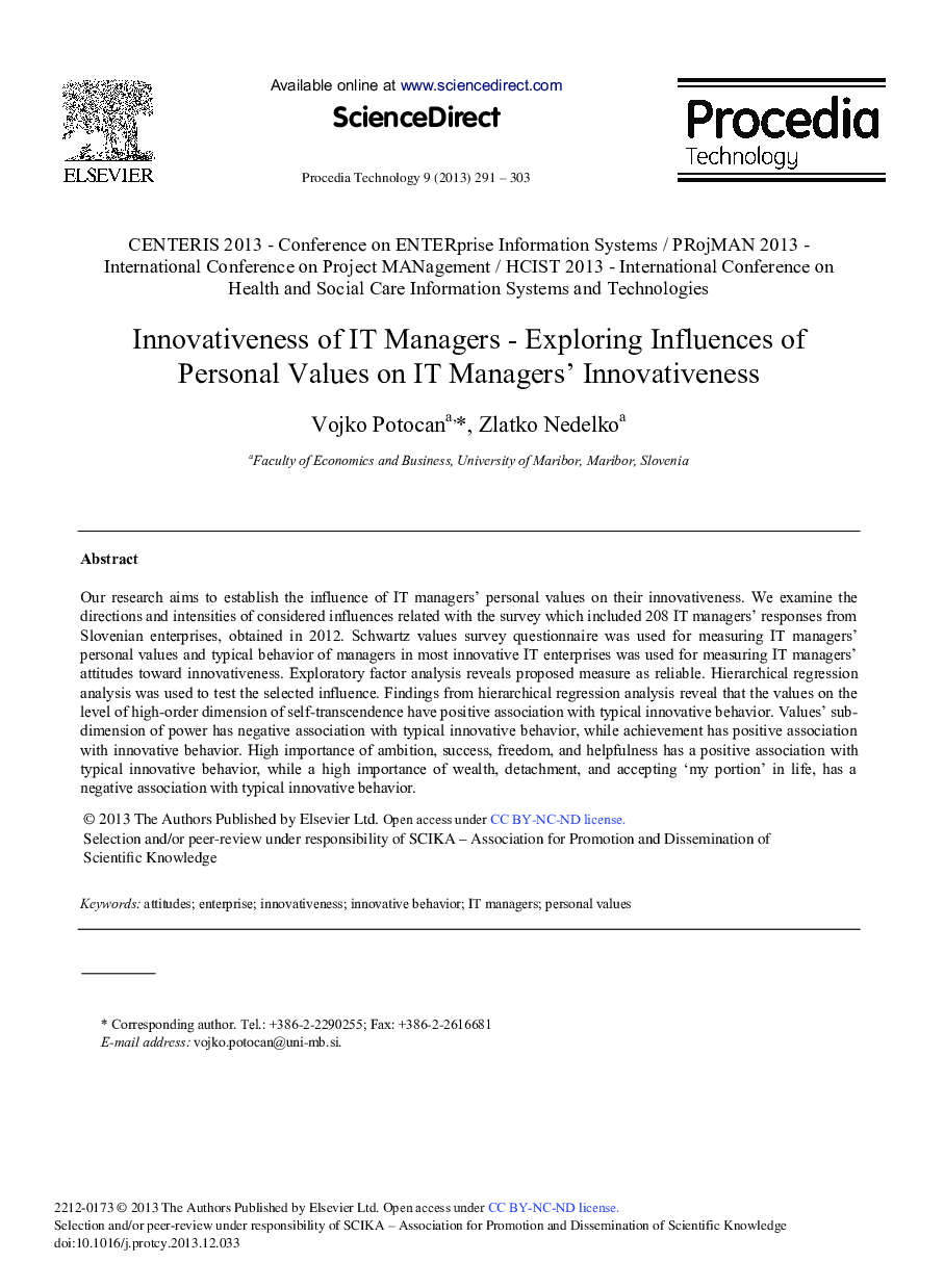 Innovativeness of IT Managers - Exploring Influences of Personal Values on IT Managers’ Innovativeness 