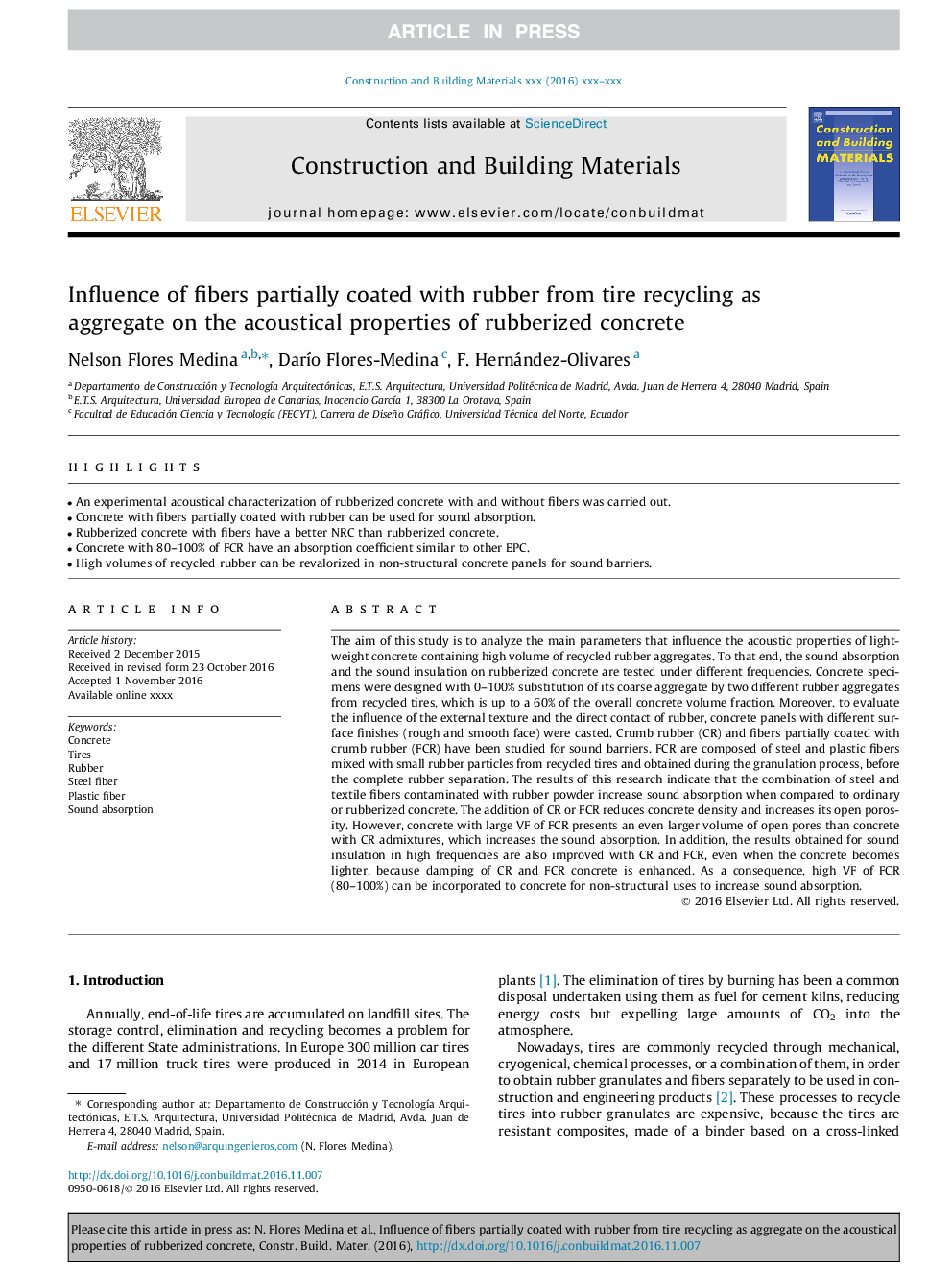 Influence of fibers partially coated with rubber from tire recycling as aggregate on the acoustical properties of rubberized concrete