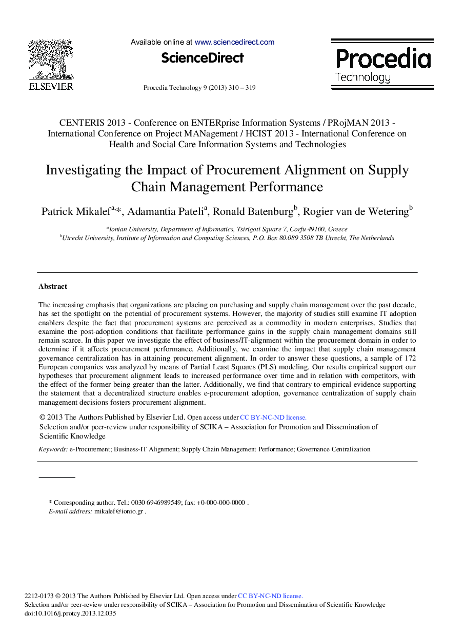 Investigating the Impact of Procurement Alignment on Supply Chain Management Performance 