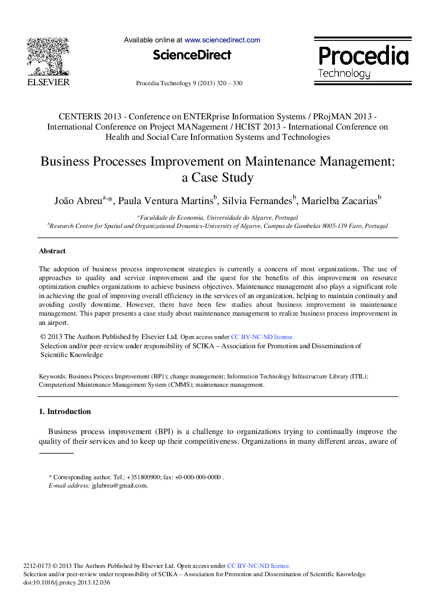 Business Processes Improvement on Maintenance Management: A Case Study 