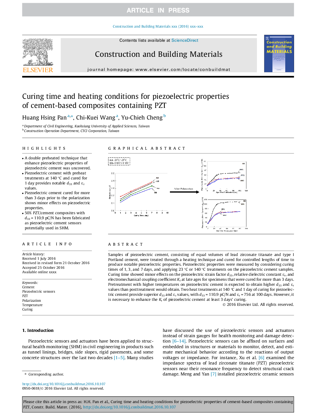 Curing time and heating conditions for piezoelectric properties of cement-based composites containing PZT