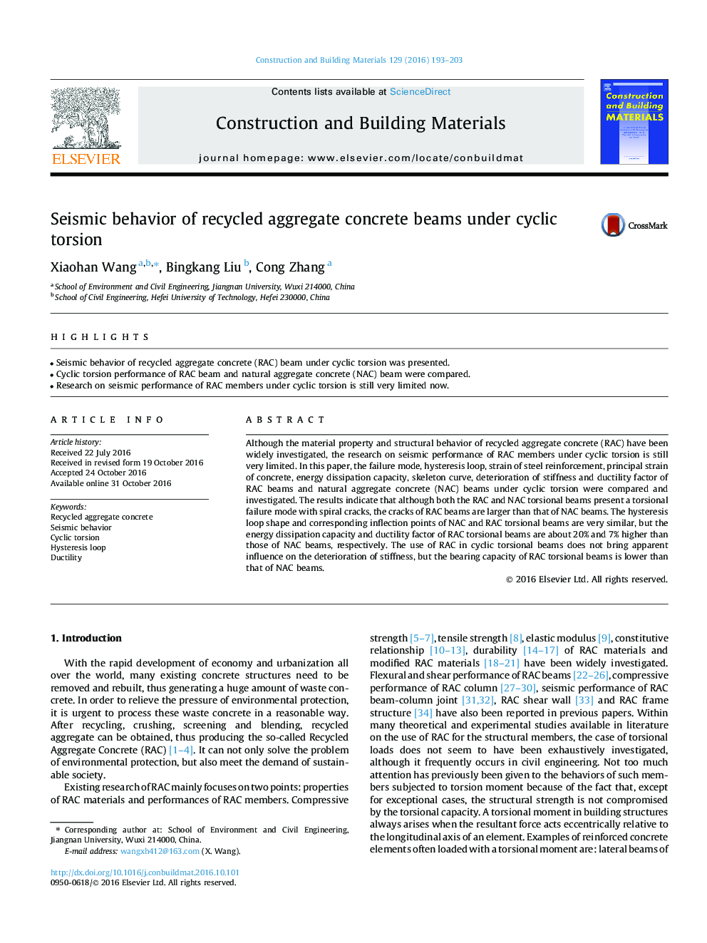 Seismic behavior of recycled aggregate concrete beams under cyclic torsion