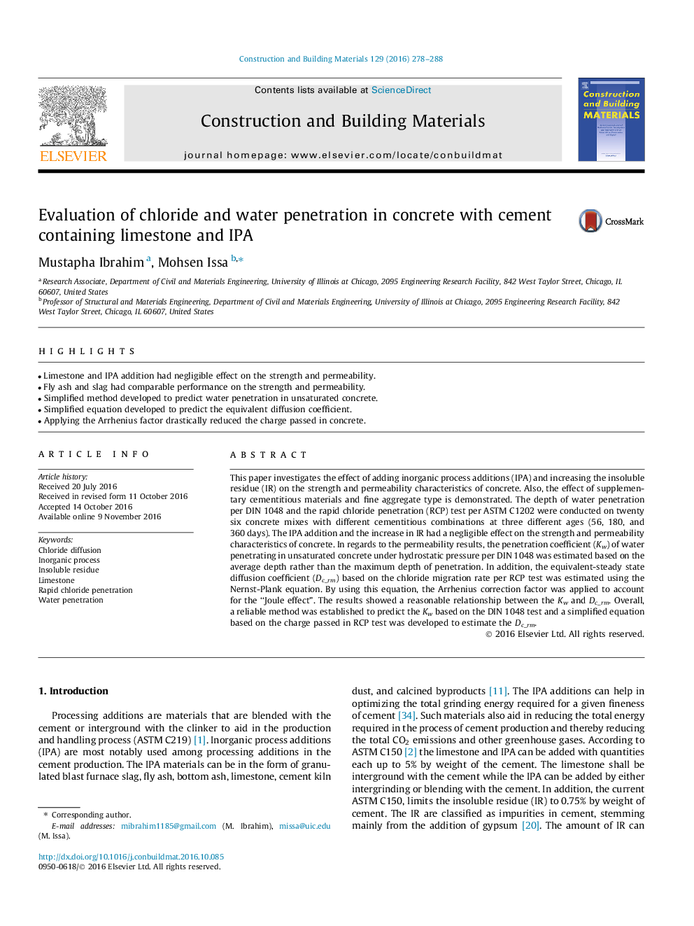 Evaluation of chloride and water penetration in concrete with cement containing limestone and IPA