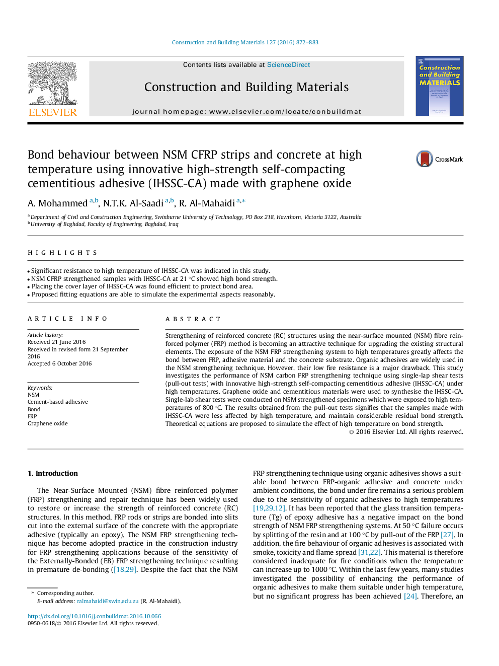 Bond behaviour between NSM CFRP strips and concrete at high temperature using innovative high-strength self-compacting cementitious adhesive (IHSSC-CA) made with graphene oxide