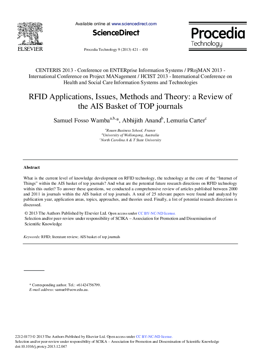 عکس صفحه اول مقاله: RFID Applications, Issues, Methods and Theory: A Review of the AIS Basket of TOP journals RFID Applications, Issues, Methods and Theory: A Review of the AIS Basket of TOP journals