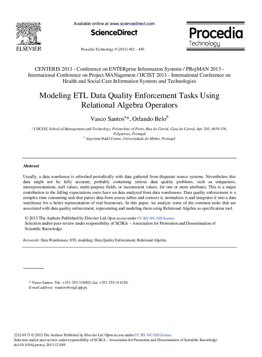 عکس صفحه اول مقاله: Modeling ETL Data Quality Enforcement Tasks Using Relational Algebra Operators Modeling ETL Data Quality Enforcement Tasks Using Relational Algebra Operators