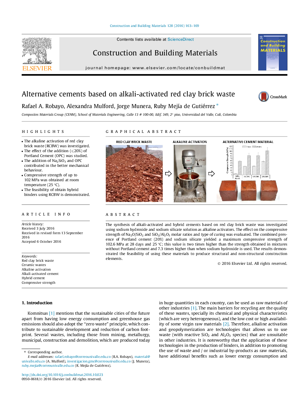 Alternative cements based on alkali-activated red clay brick waste