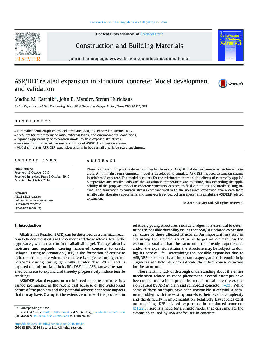 ASR/DEF related expansion in structural concrete: Model development and validation