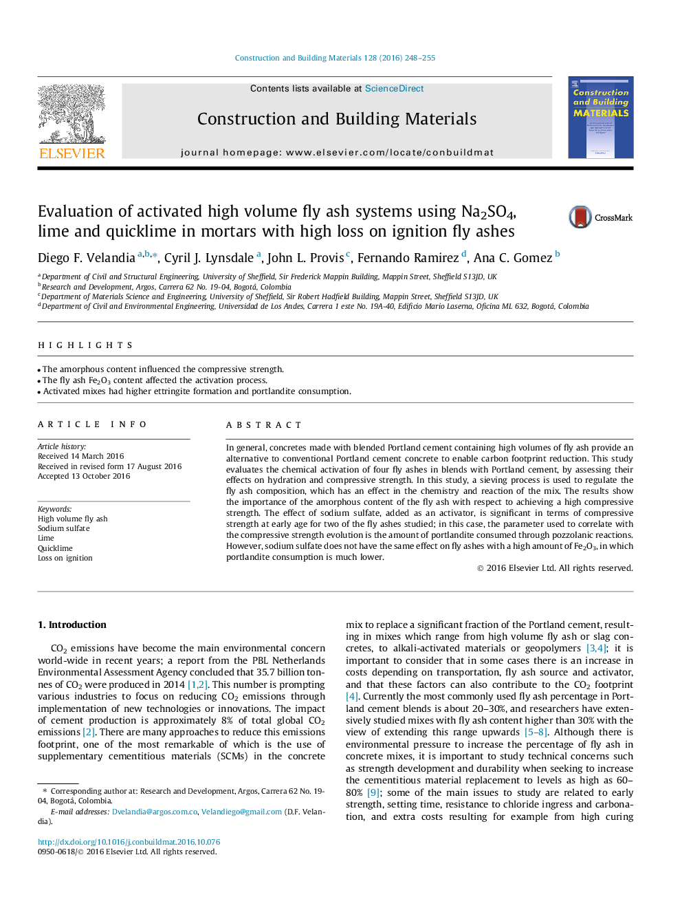 Evaluation of activated high volume fly ash systems using Na2SO4, lime and quicklime in mortars with high loss on ignition fly ashes