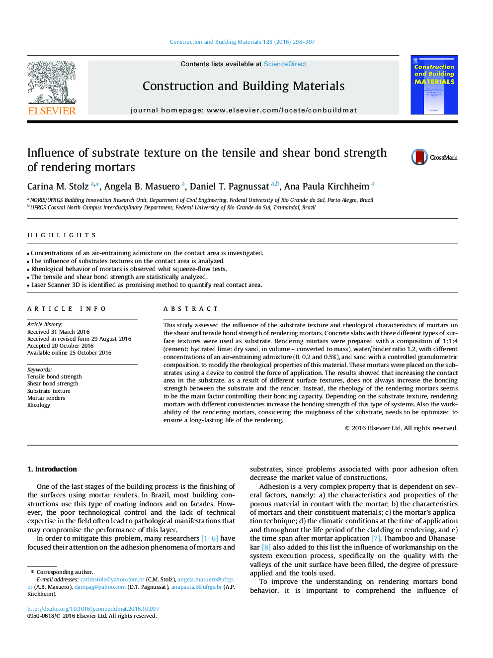 Influence of substrate texture on the tensile and shear bond strength of rendering mortars