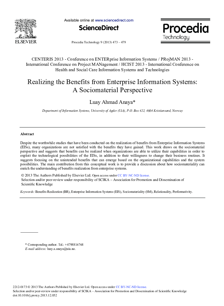 Realizing the Benefits from Enterprise Information Systems: A Sociomaterial Perspective 