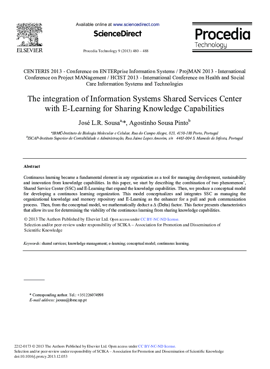 The Integration of Information Systems Shared Services Center with E-learning for Sharing Knowledge Capabilities 