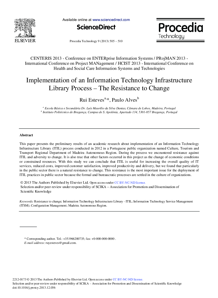 Implementation of an Information Technology Infrastructure Library Process – the Resistance to Change 