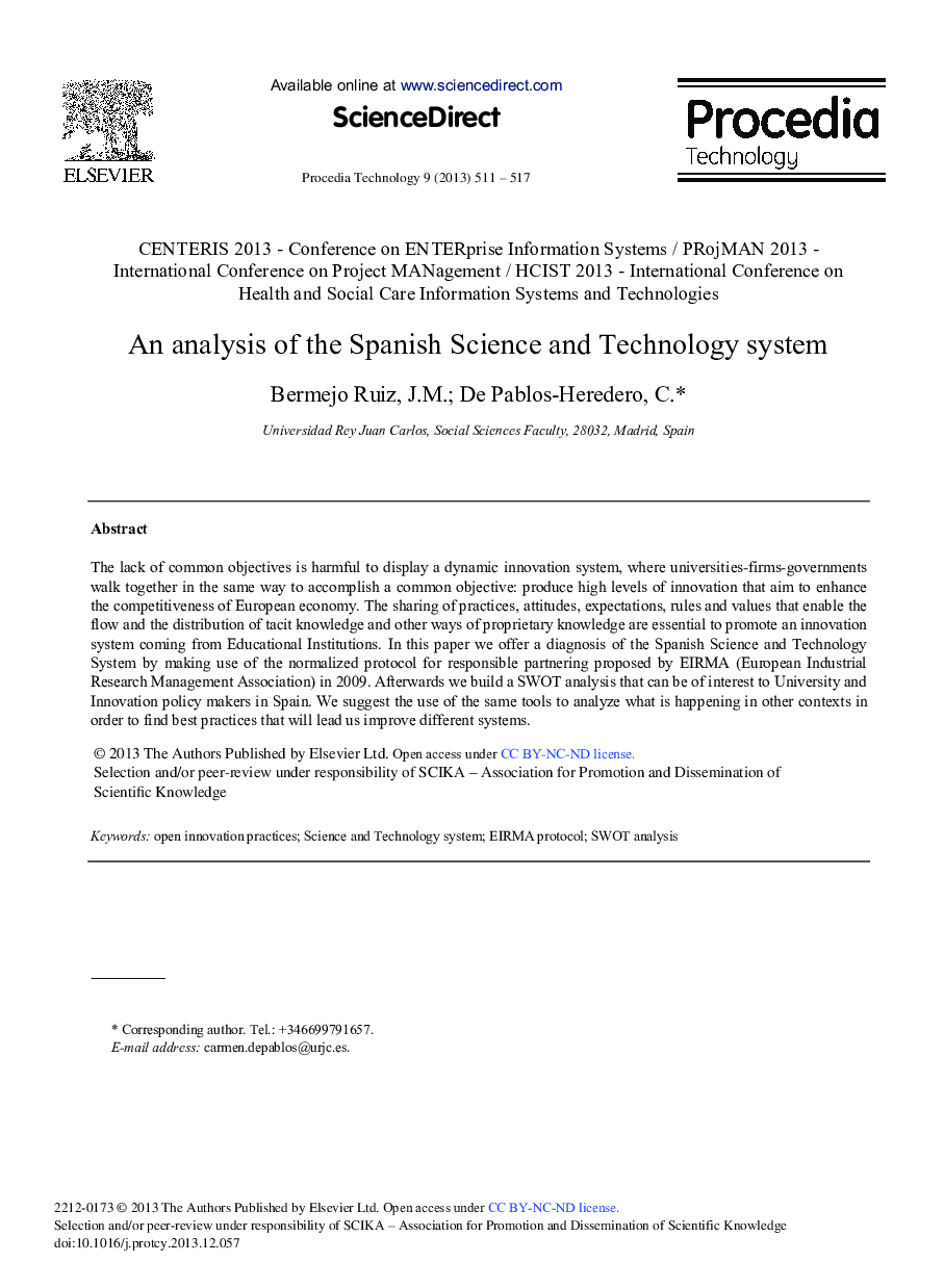 عکس صفحه اول مقاله: An Analysis of the Spanish Science and Technology System An Analysis of the Spanish Science and Technology System