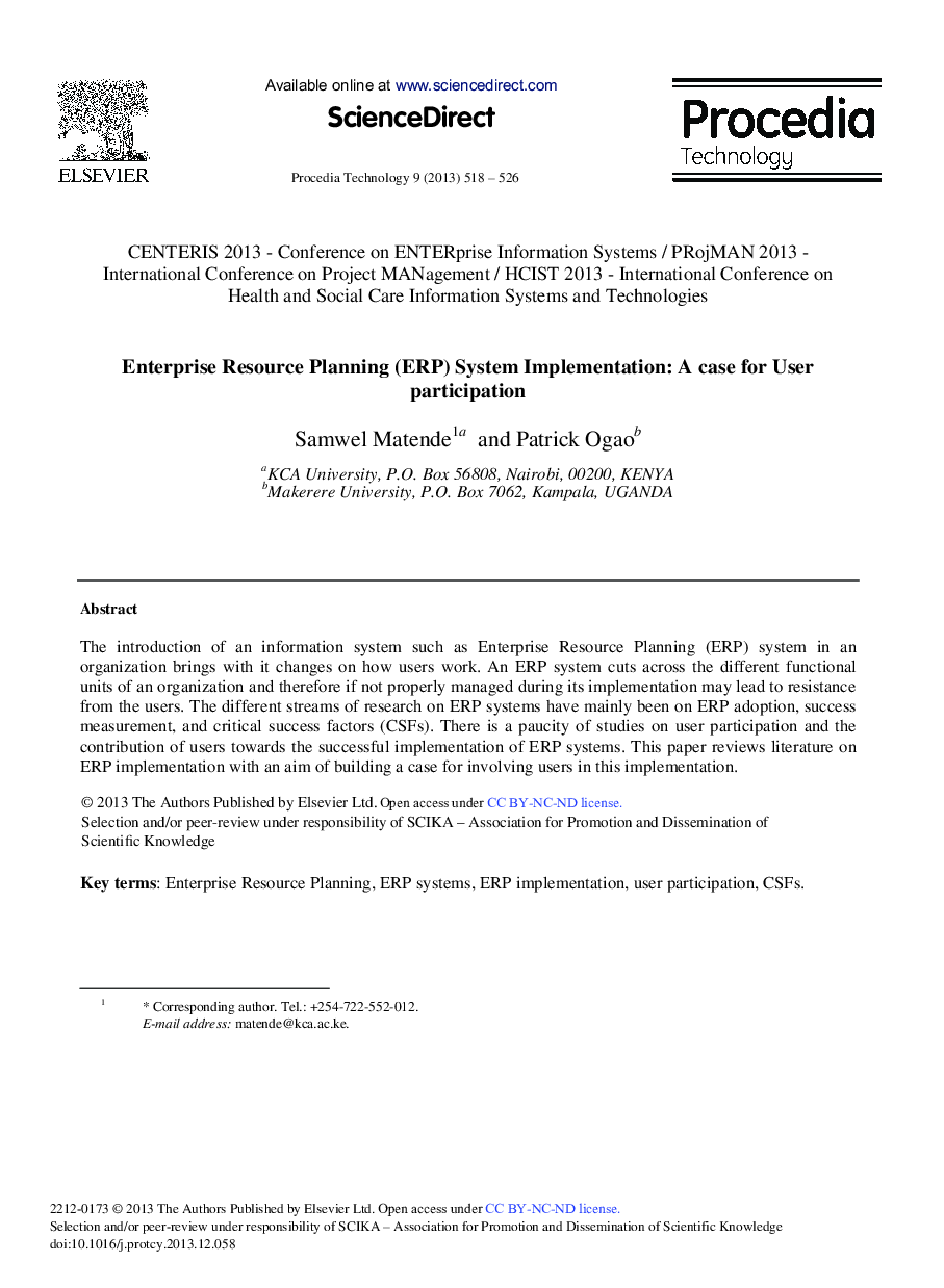 Enterprise Resource Planning (ERP) System Implementation: A Case for User Participation 