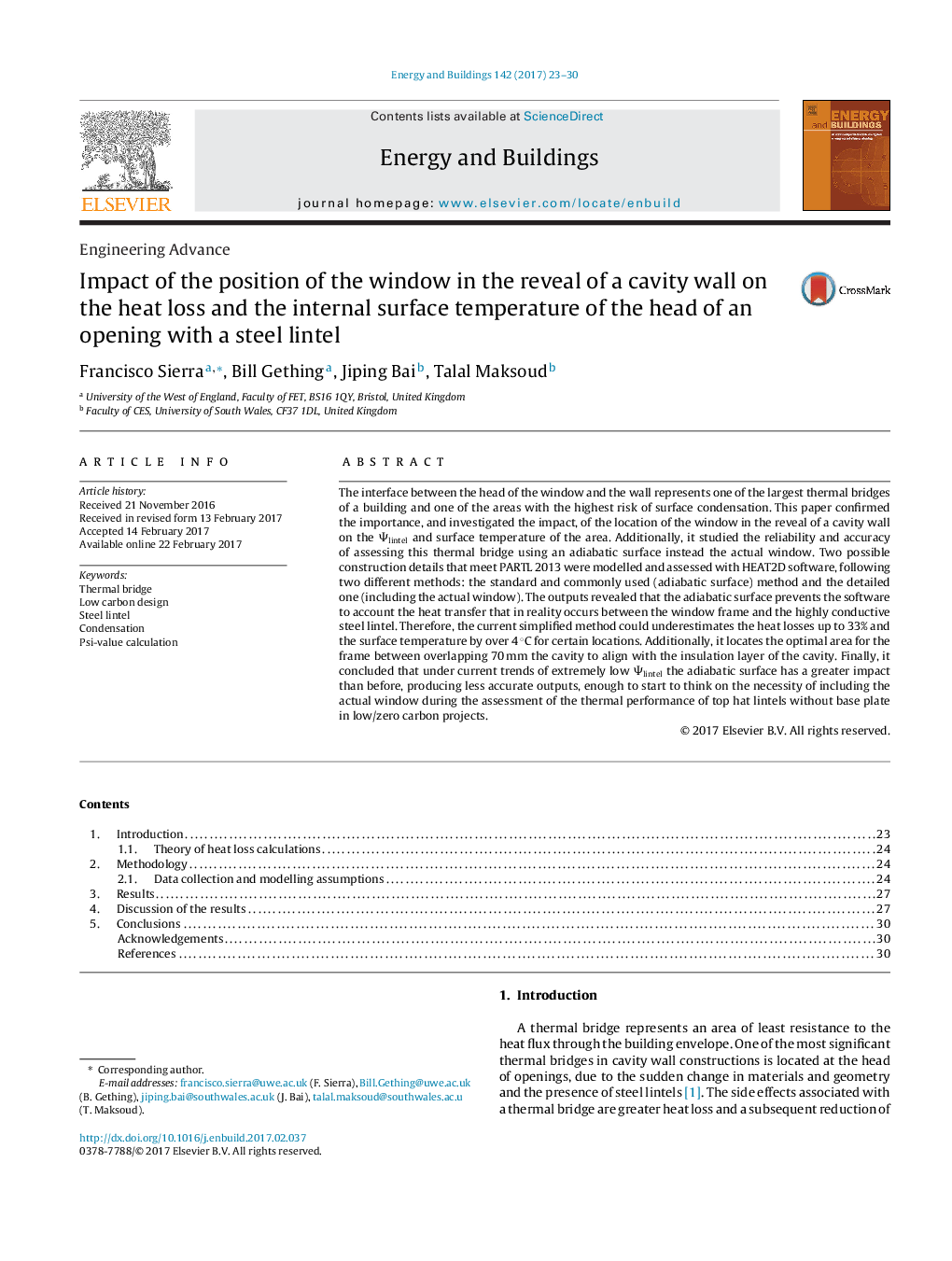 Impact of the position of the window in the reveal of a cavity wall on the heat loss and the internal surface temperature of the head of an opening with a steel lintel