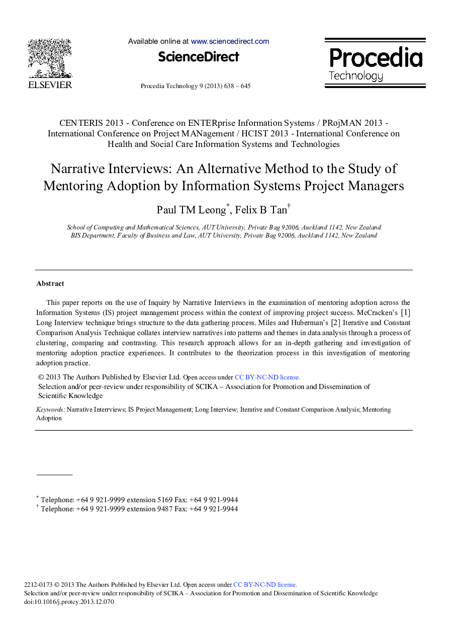 Narrative Interviews: An Alternative Method to the Study of Mentoring Adoption by Information Systems Project Managers 