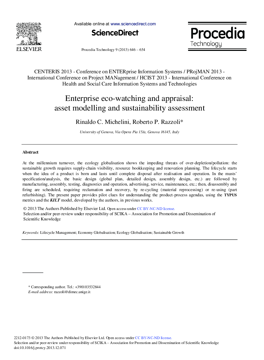 Enterprise Eco-watching and Appraisal: Asset Modelling and Sustainability Assessment 