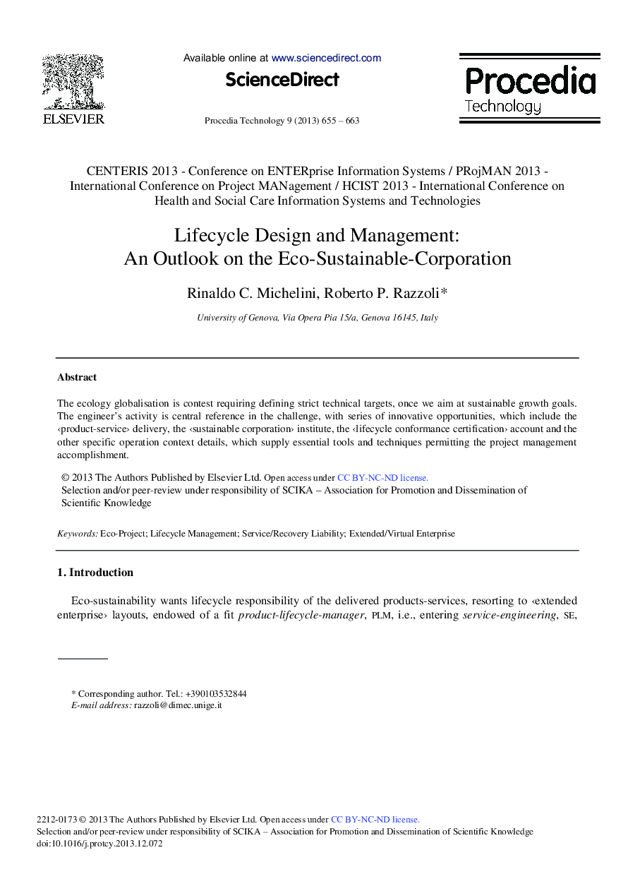 عکس صفحه اول مقاله: Lifecycle Design and Management: An Outlook on the Eco-sustainable-corporation Lifecycle Design and Management: An Outlook on the Eco-sustainable-corporation