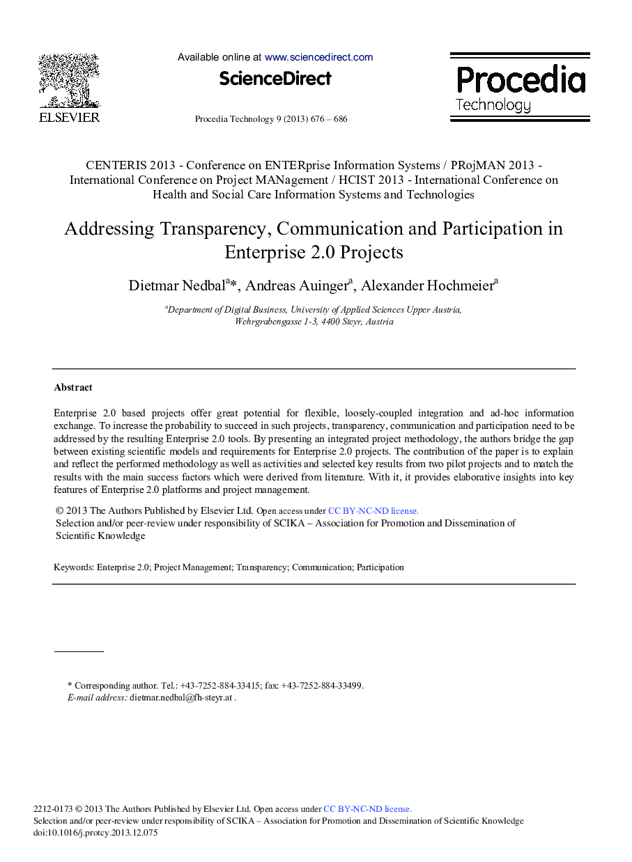 Addressing Transparency, Communication and Participation in Enterprise 2.0 Projects 