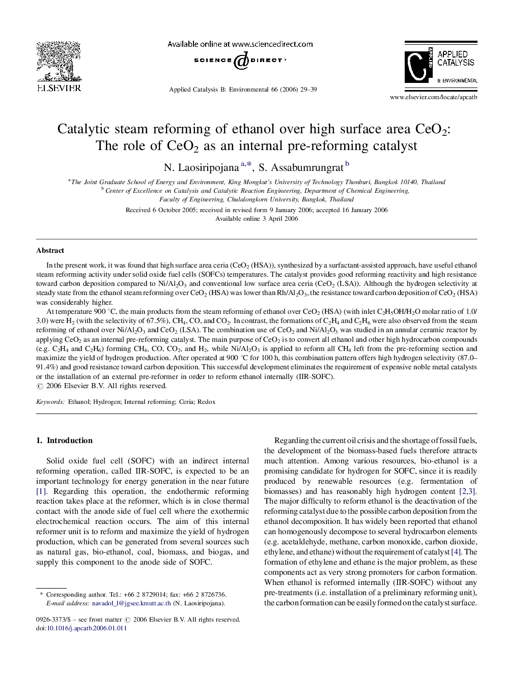 Catalytic steam reforming of ethanol over high surface area CeO2: The role of CeO2 as an internal pre-reforming catalyst