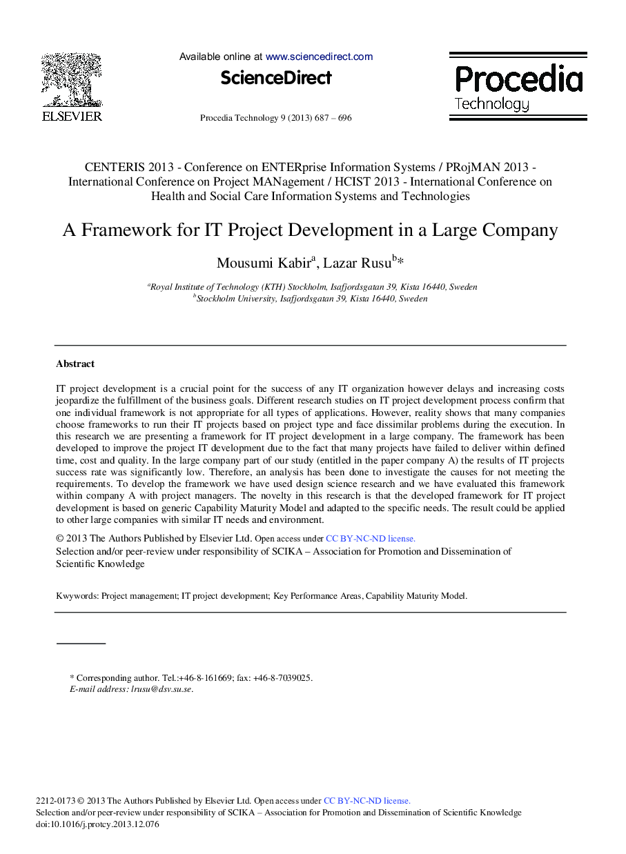 A Framework for IT Project Development in a Large Company 