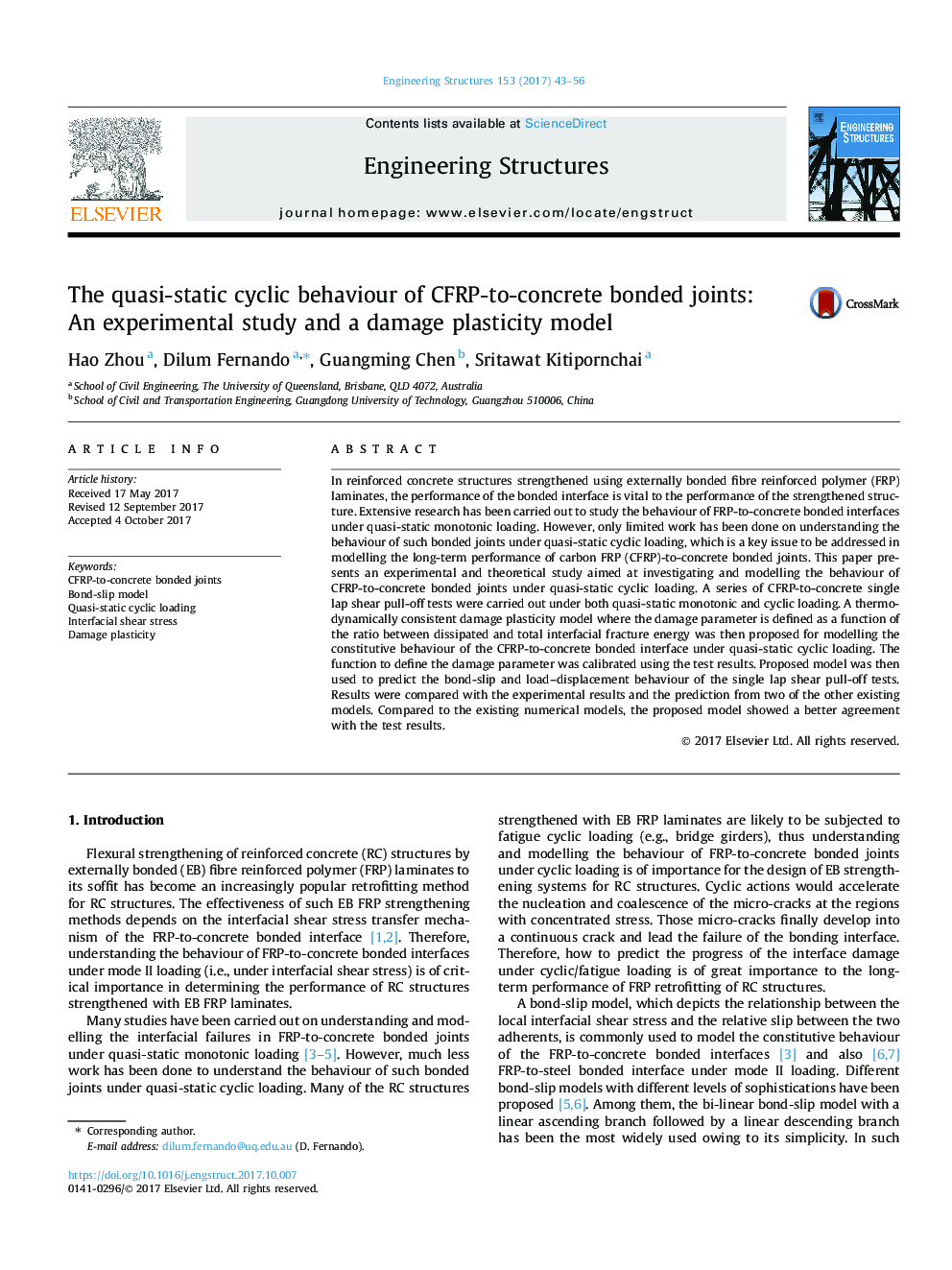 The quasi-static cyclic behaviour of CFRP-to-concrete bonded joints: An experimental study and a damage plasticity model