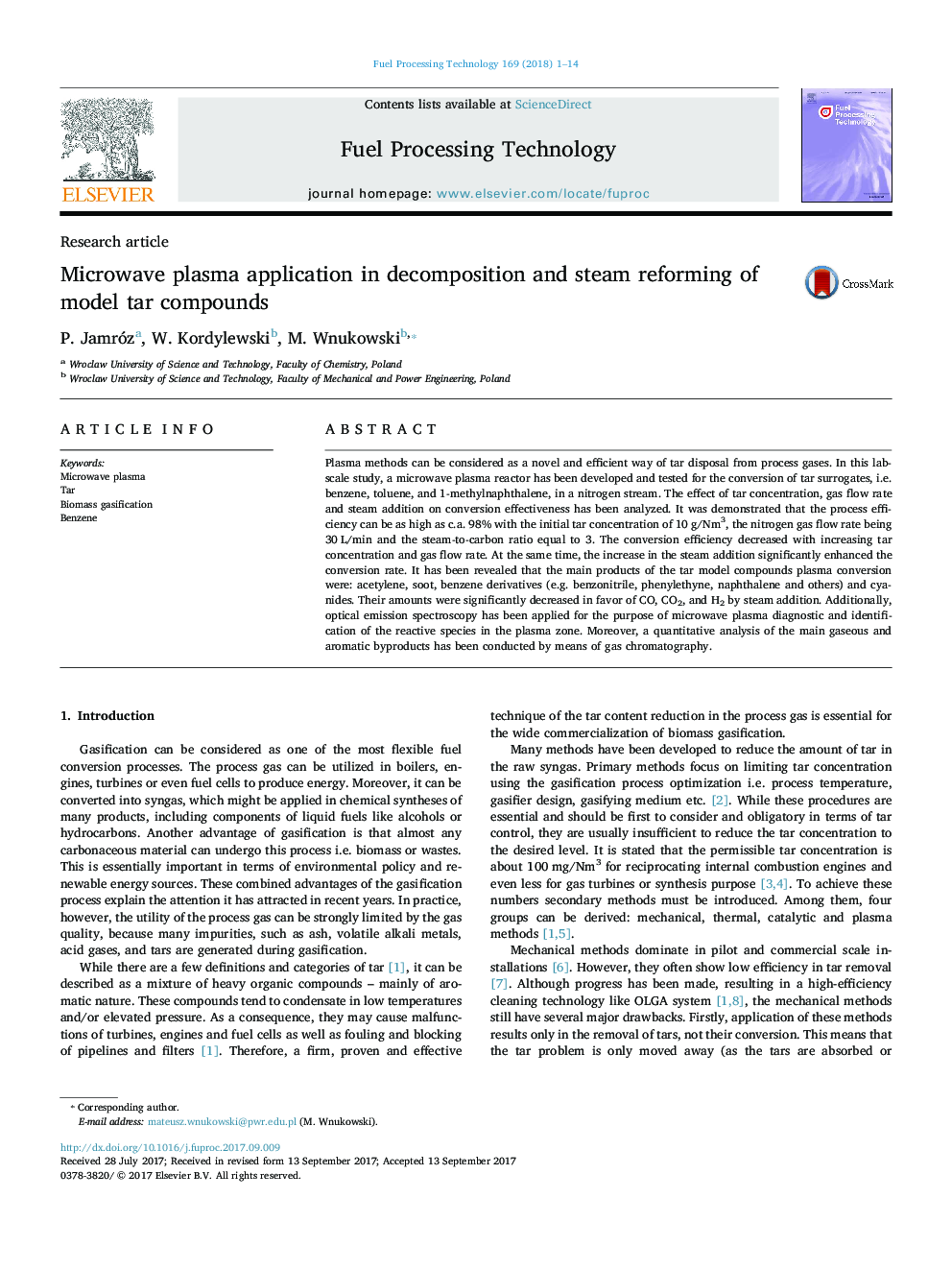 Microwave plasma application in decomposition and steam reforming of model tar compounds