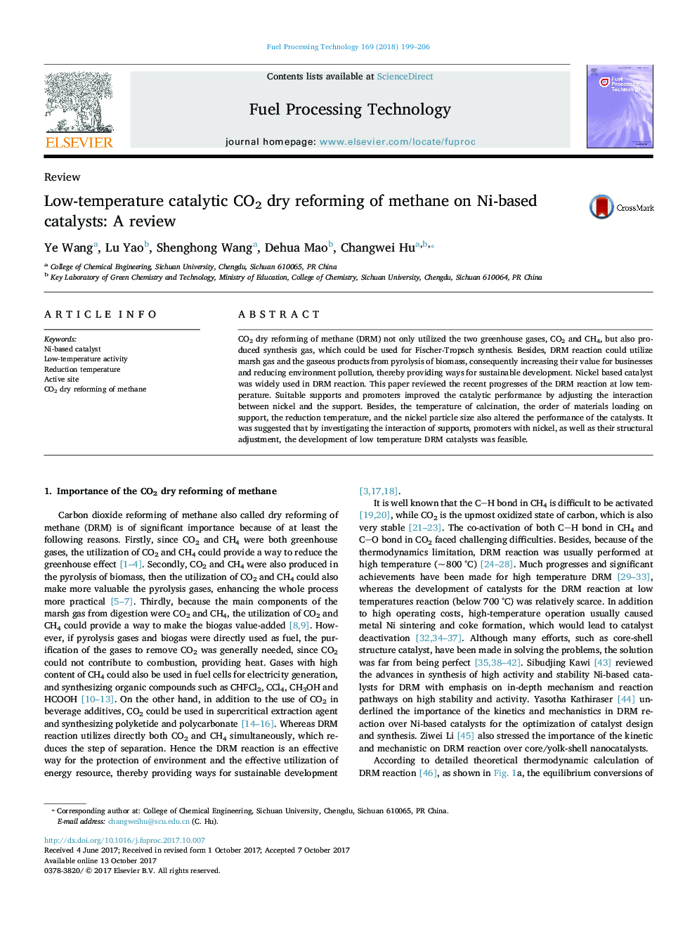 رفرمینگ خشک CO2 کاتالیزور در دمای پایین متان بر روی ککاتالیزورهای مبتنی بر نیکل: بررسی