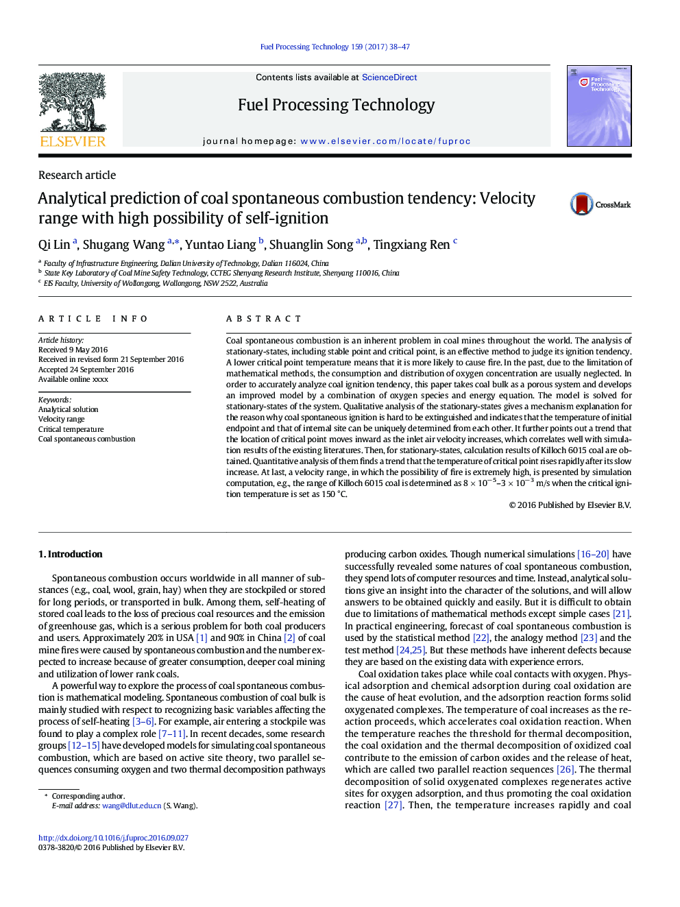 Analytical prediction of coal spontaneous combustion tendency: Velocity range with high possibility of self-ignition