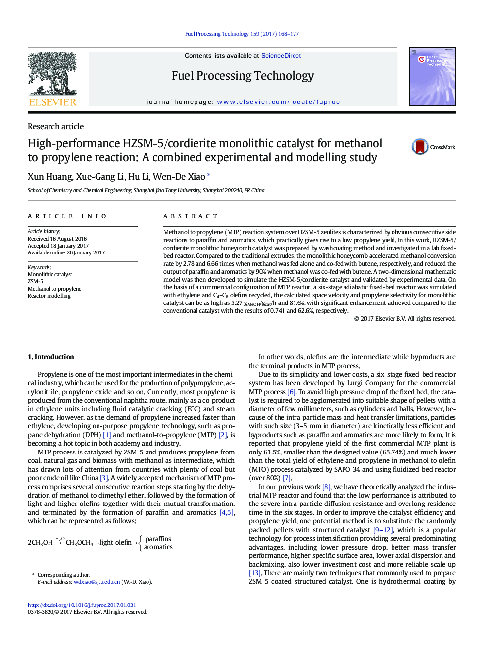 High-performance HZSM-5/cordierite monolithic catalyst for methanol to propylene reaction: A combined experimental and modelling study