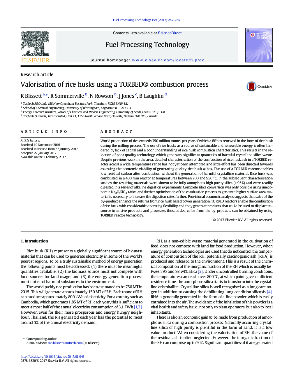 Research articleValorisation of rice husks using a TORBED® combustion process