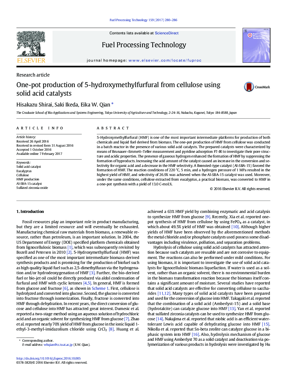 مقاله پژوهشی تولید یک گلدان 5 هیدروکسی متیل فورفورال از سلولز با استفاده از کاتالیزور اسید جامد 