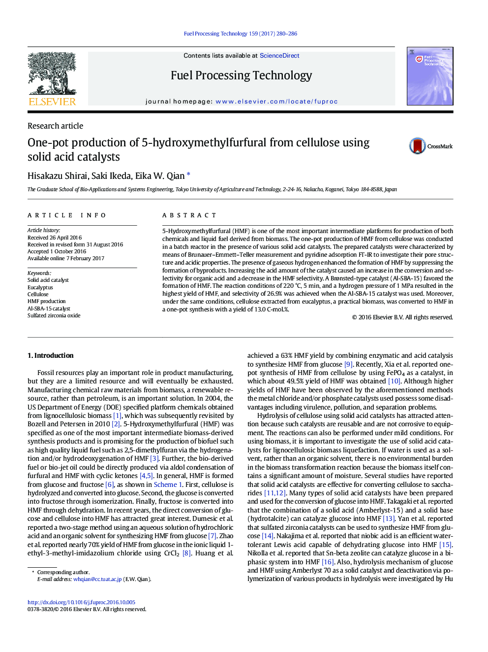 Research articleOne-pot production of 5-hydroxymethylfurfural from cellulose using solid acid catalysts