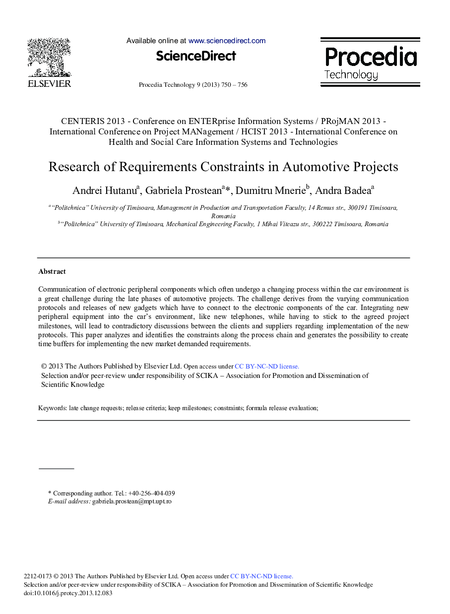 عکس صفحه اول مقاله: Research of Requirements Constraints in Automotive Projects Research of Requirements Constraints in Automotive Projects