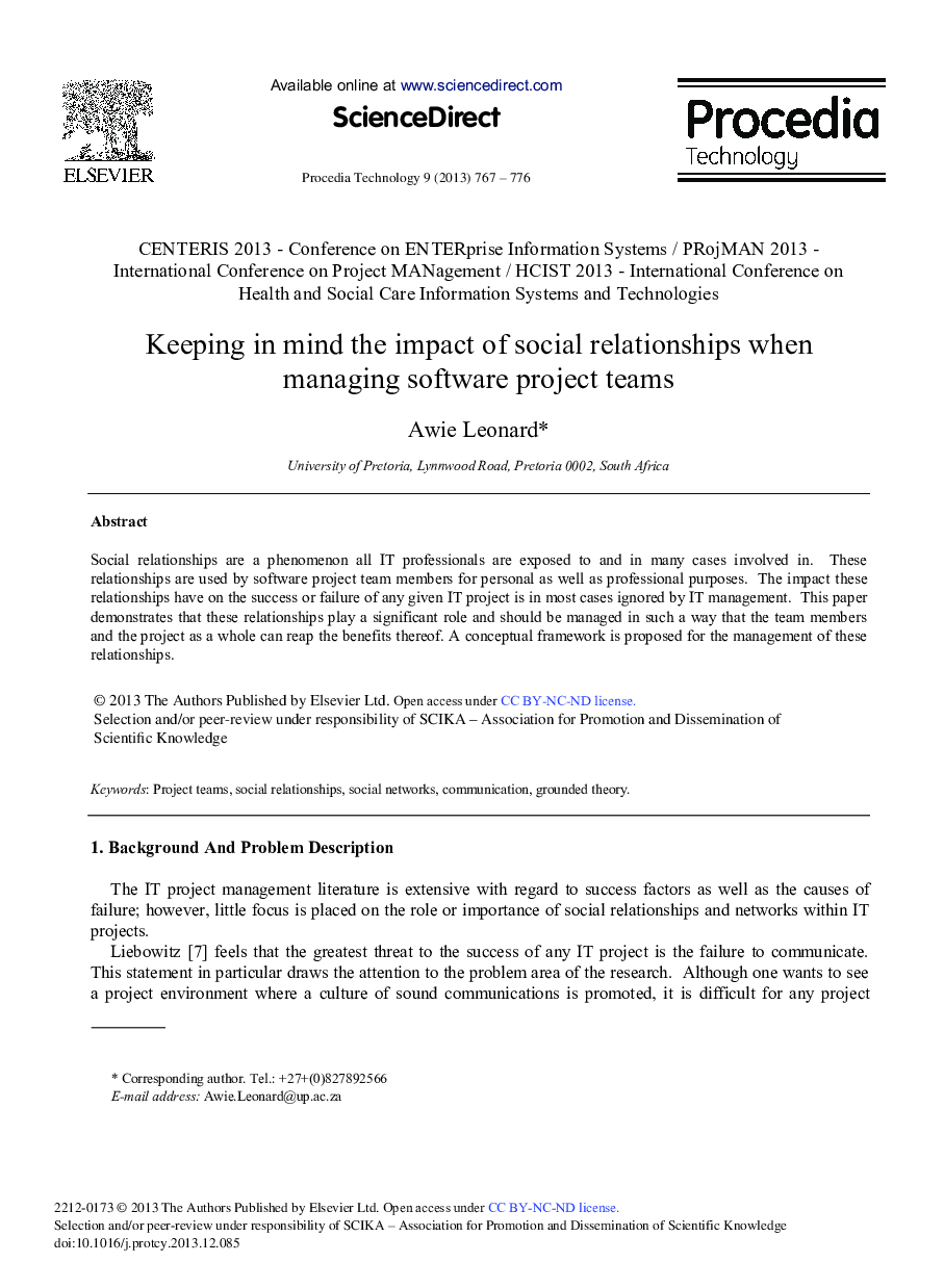 عکس صفحه اول مقاله: Keeping in Mind the Impact of Social Relationships When Managing Software Project Teams Keeping in Mind the Impact of Social Relationships When Managing Software Project Teams