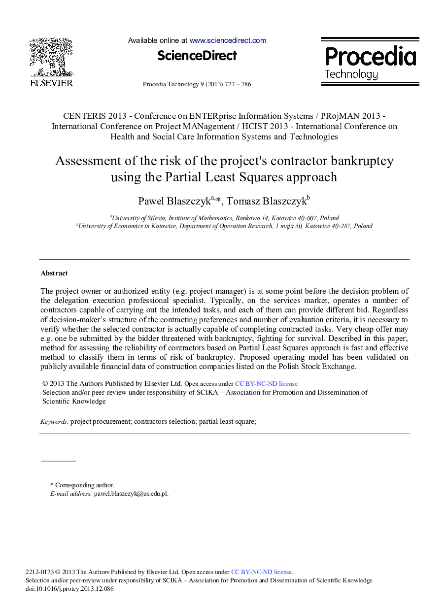Assessment of the Risk of the Project's Contractor Bankruptcy Using the Partial Least Squares Approach 