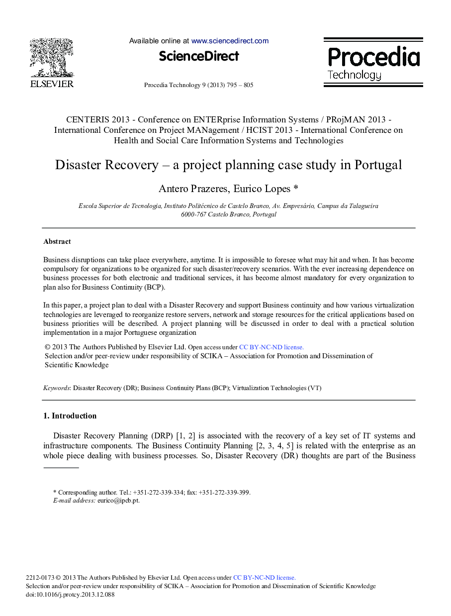 Disaster Recovery – A Project Planning Case Study in Portugal 