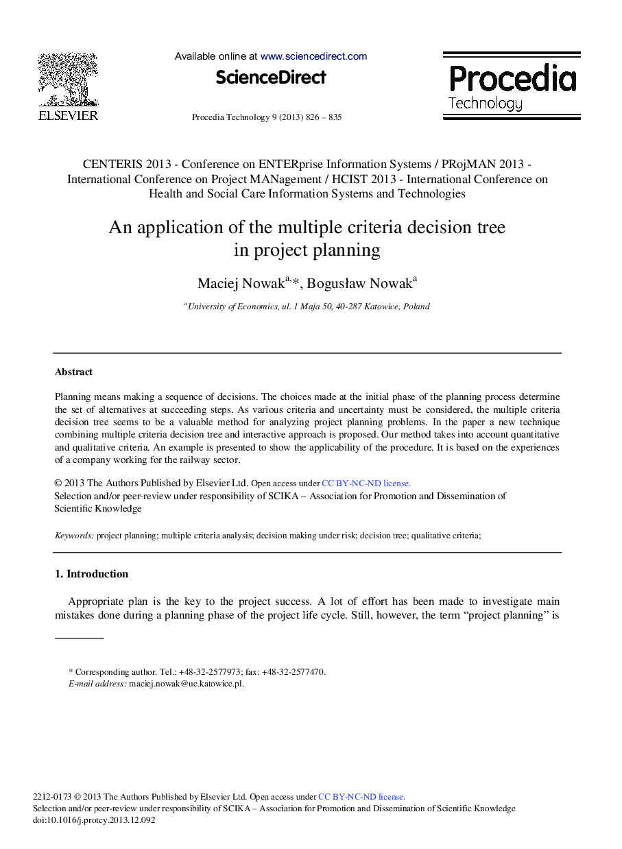 An Application of the Multiple Criteria Decision Tree in Project Planning 