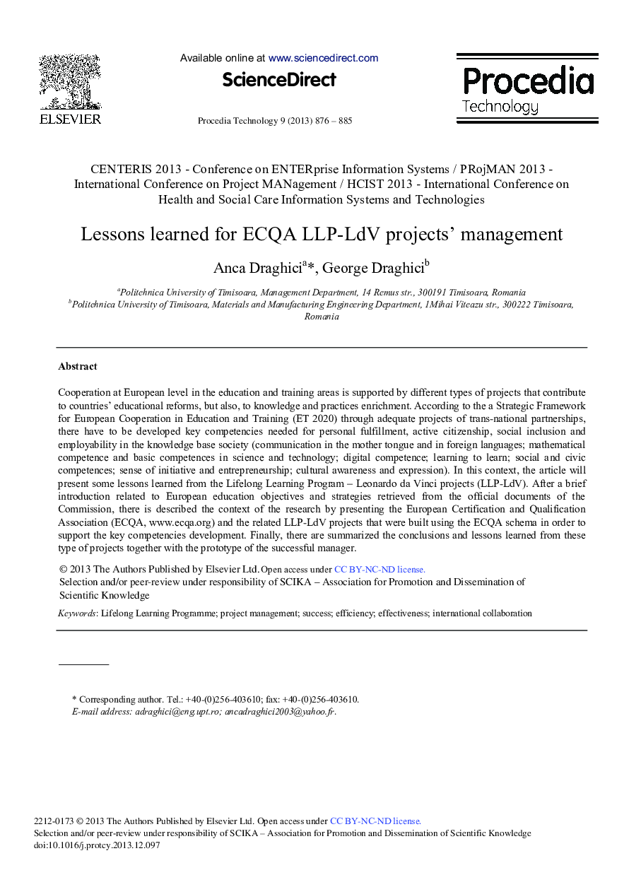 Lessons Learned for ECQA LLP-LdV Projects’ Management 