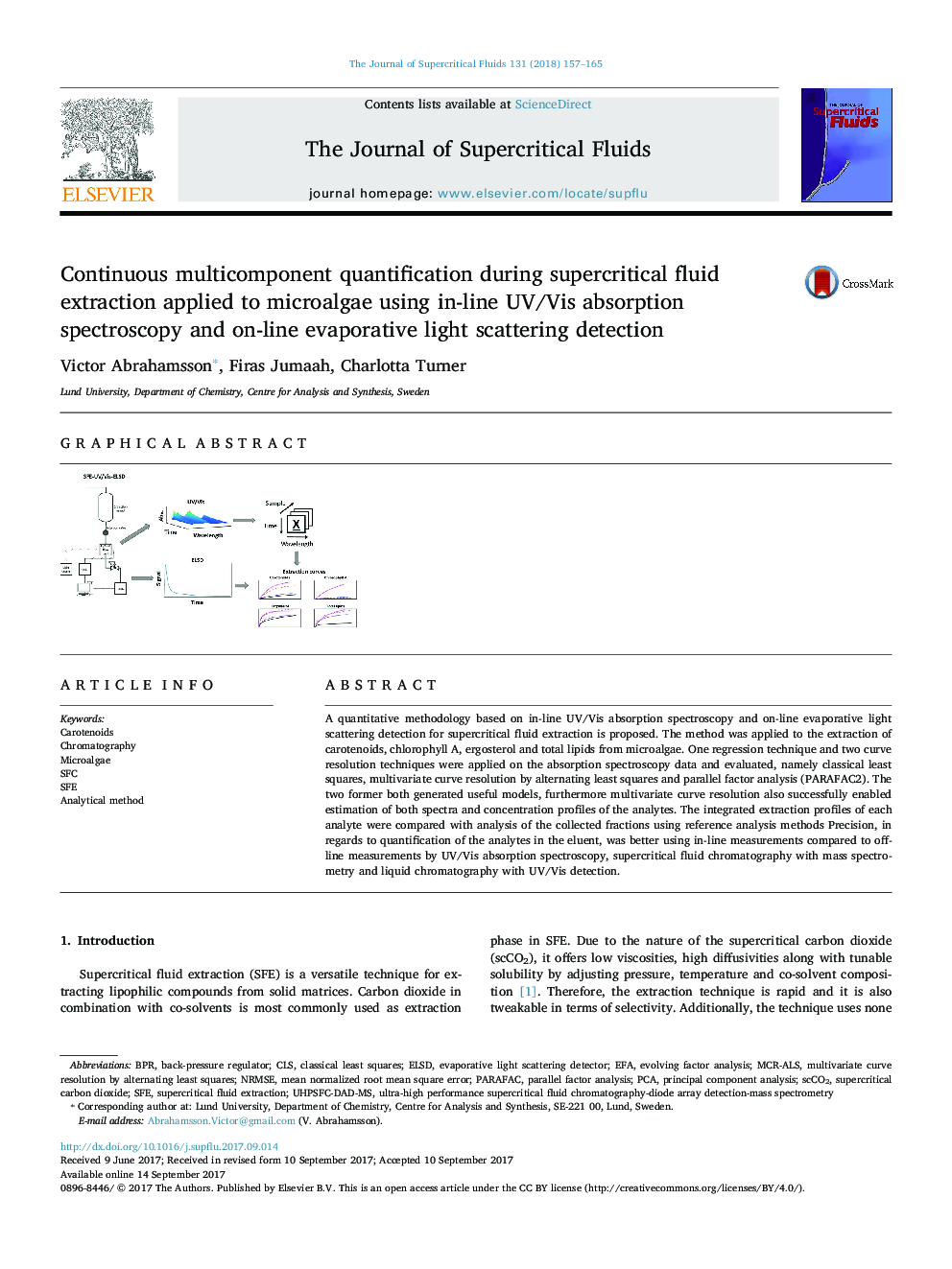 Continuous multicomponent quantification during supercritical fluid extraction applied to microalgae using in-line UV/Vis absorption spectroscopy and on-line evaporative light scattering detection