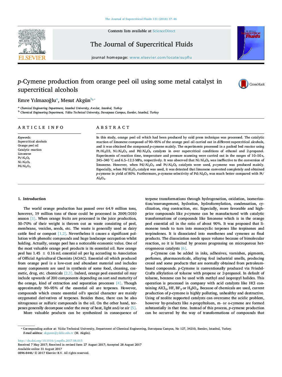 p-Cymene production from orange peel oil using some metal catalyst in supercritical alcohols