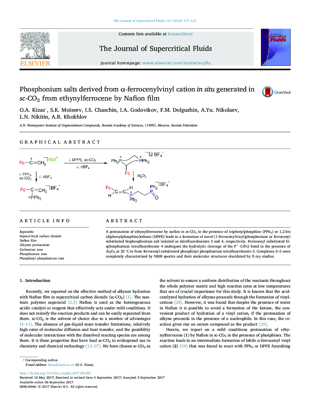 نمک های فسفونیوم مشتق از کاتیون ²-ferrocenylvinyl در محل تولید شده در sc-CO2 از ethynylferrocene توسط فیلم Nafion
