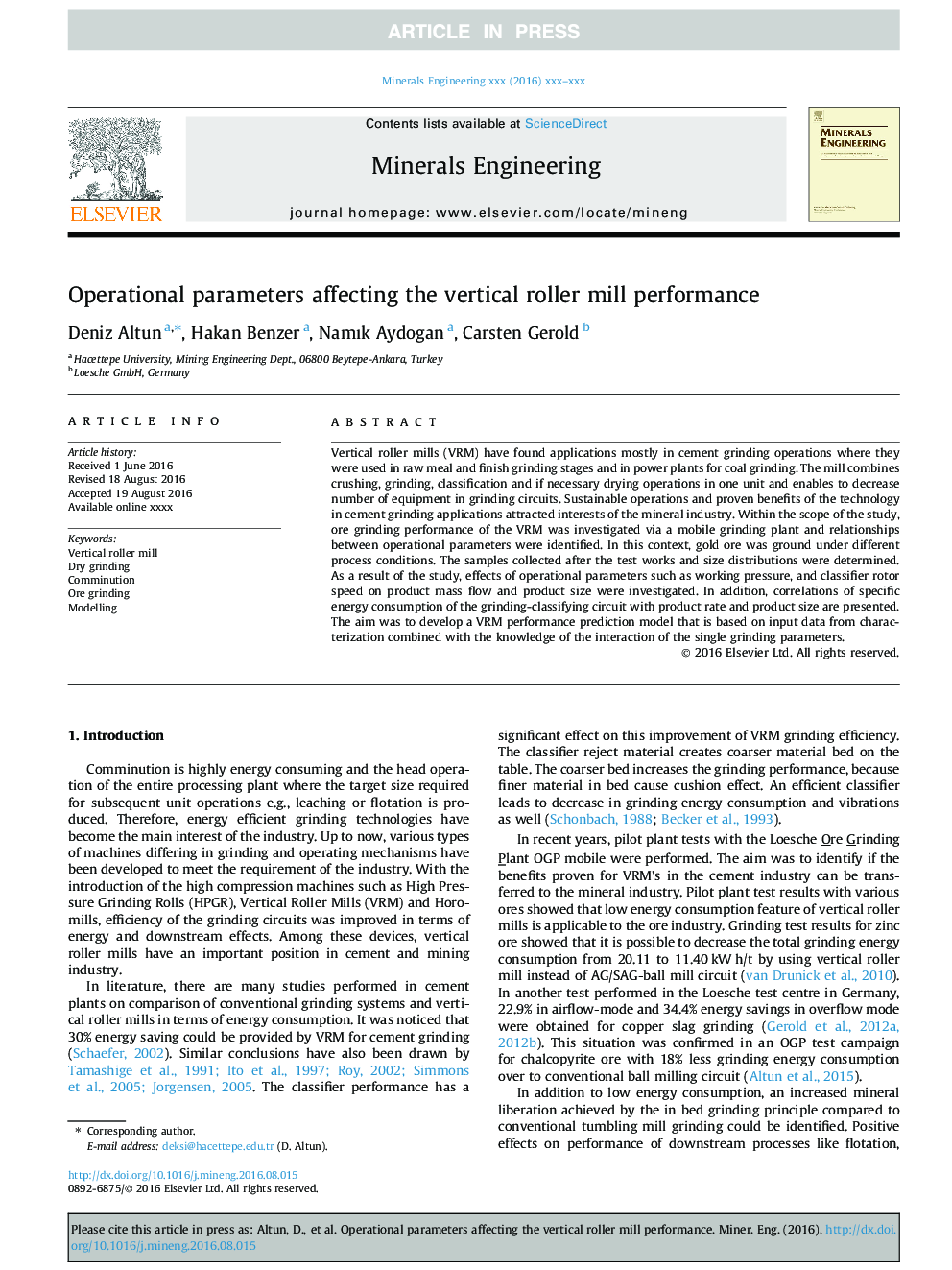 Operational parameters affecting the vertical roller mill performance