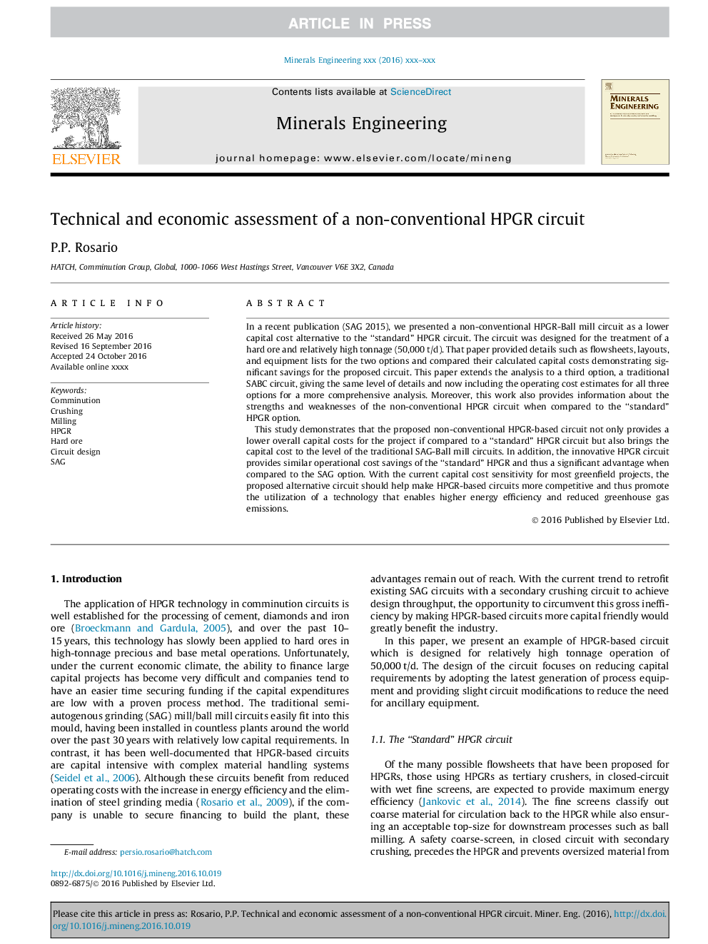 Technical and economic assessment of a non-conventional HPGR circuit