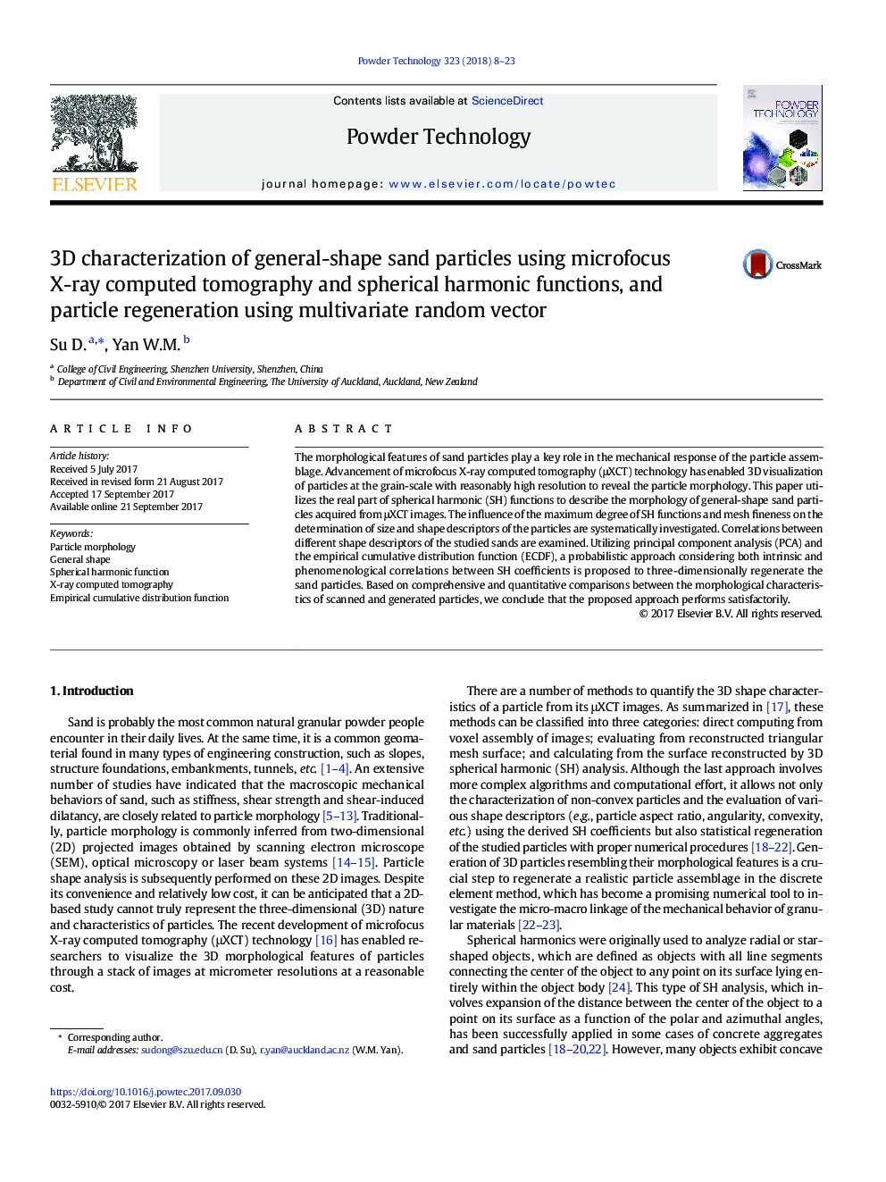 3D characterization of general-shape sand particles using microfocus X-ray computed tomography and spherical harmonic functions, and particle regeneration using multivariate random vector