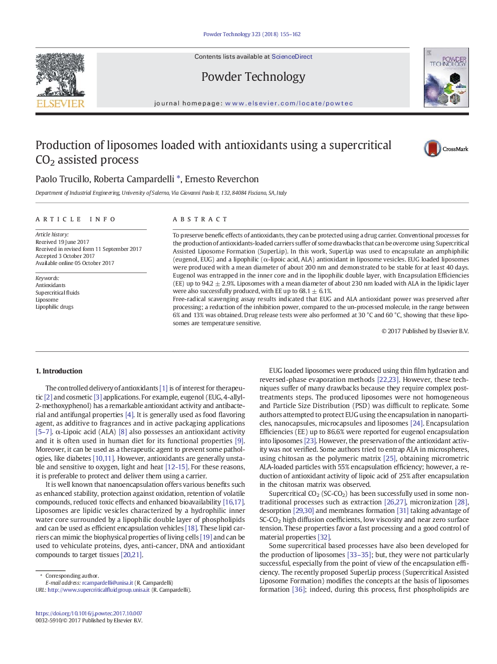 Production of liposomes loaded with antioxidants using a supercritical CO2 assisted process