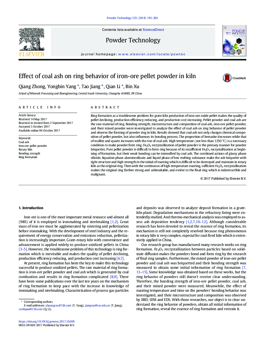 Effect of coal ash on ring behavior of iron-ore pellet powder in kiln