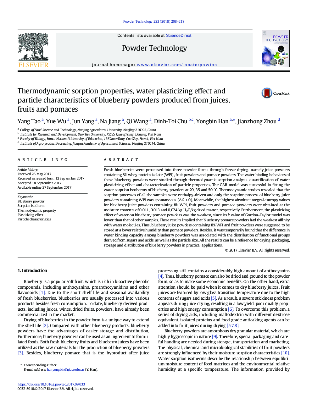 Thermodynamic sorption properties, water plasticizing effect and particle characteristics of blueberry powders produced from juices, fruits and pomaces